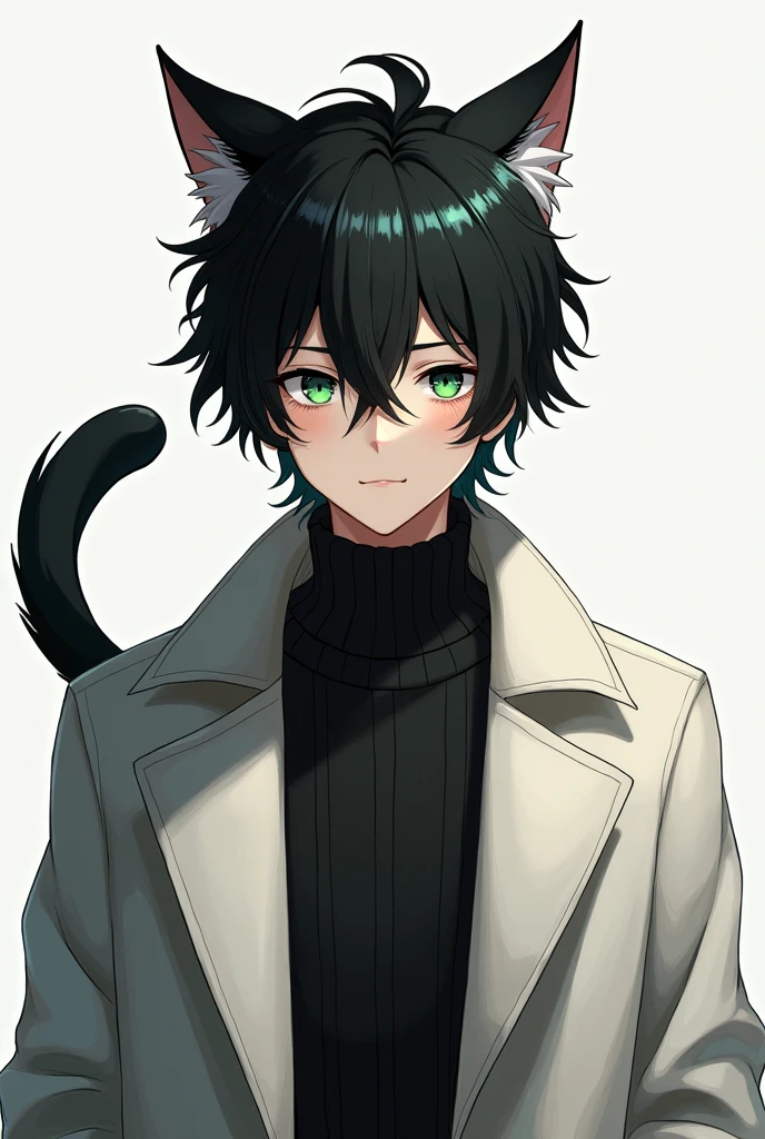 Man with black hair and green eyes,Has cat ears and a black tail,Wearing a black sweater and white coat,very handsome