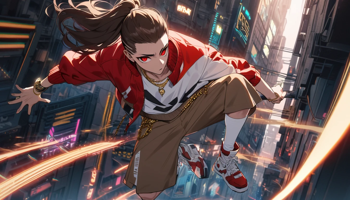 Solitary, Handsome, 1 male, Dark brown long hair ponytail, Side shaved hair,Red Eye, hip hop wear,White top,Red loose baseball jacket, Light brown loose knee shorts,white stockings,white sneakers,Wearing a gold watch on the left hand,Wear a gold necklace, Sharp eyes,cyberpunk street,smoke surround,Jump down from a height