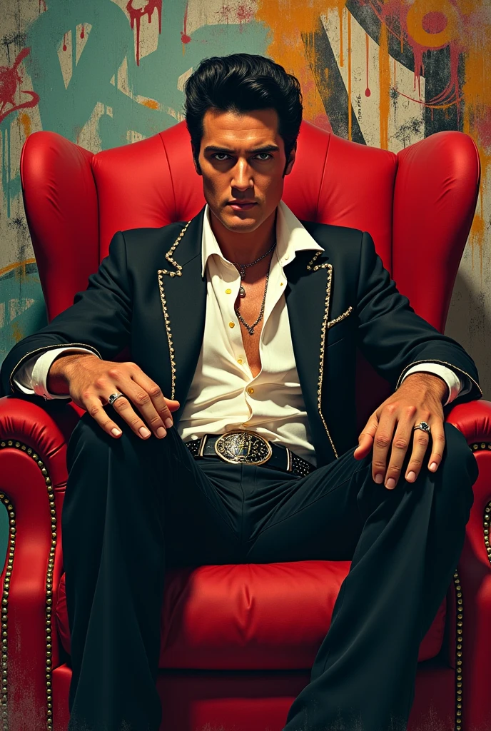 Elvis sitting on a red throne in front of a rock and roll graffiti backdrop, by Mark Brooks, cgsociety, retro style art, beautiful retro art, rockabilly, anime elvis presley, retro art style, 1950s illustration style, 3D effect ultra-detailed intricate insanely full HD, golden ratio, volumetric modeling, spotlight embroidery, accents, intense gaze, digital painting cinematic film light, expressive eyes, ultra-realistic



