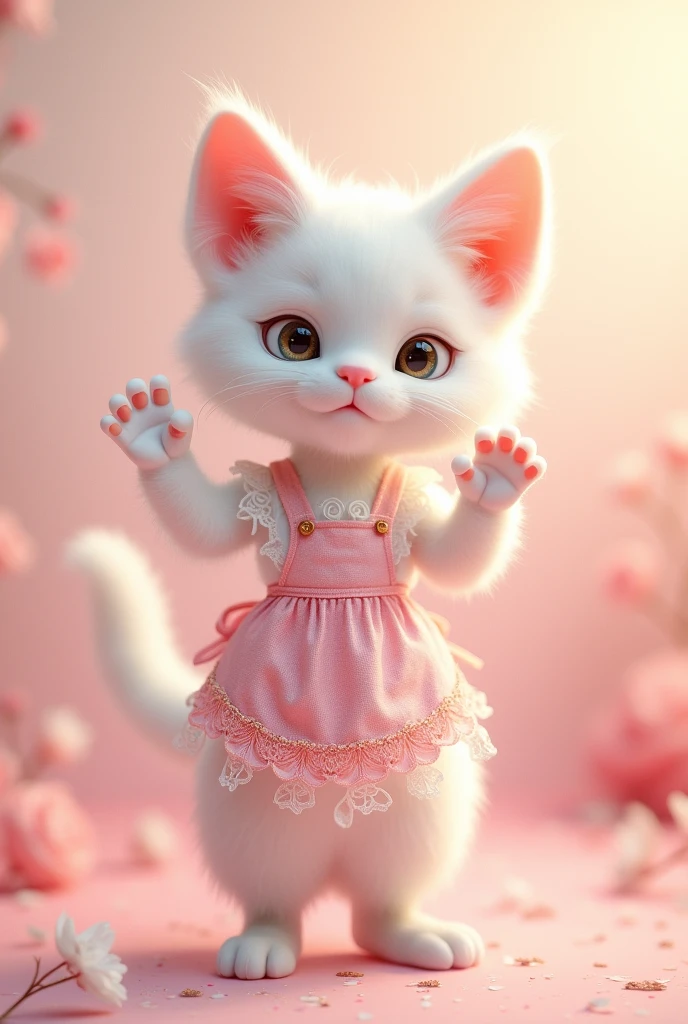 very cute slender white female cat, flowers on her ears, standing and waving, pink lace apron, fluffy effect in pastel colors, glitter effect