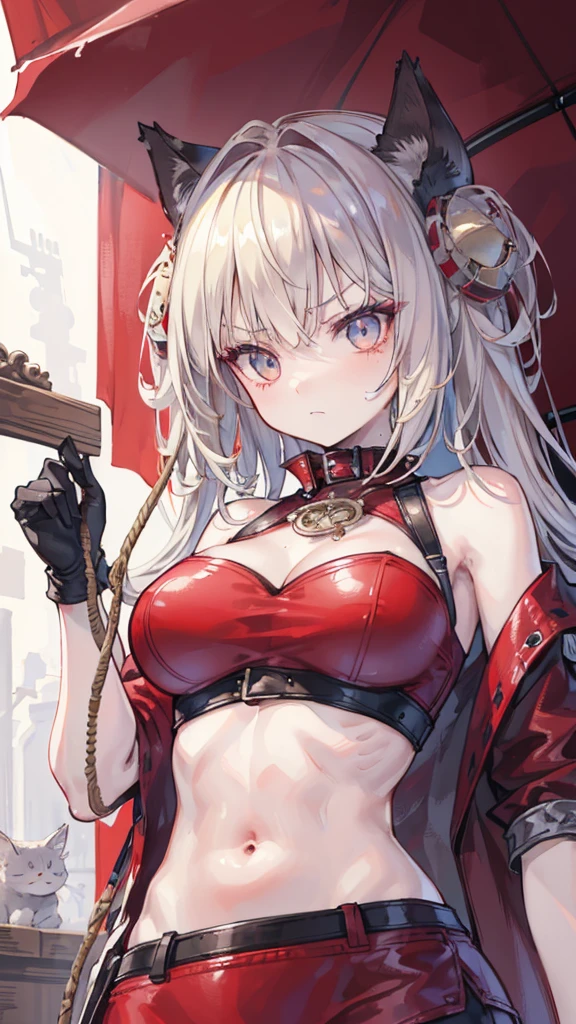 From below,Worried face,BDBobcat,,Upper Body,smooth,Red leather,Red corset,,collar,National Foundation,((best quality, 8K, masterpiece: 1.3)), Sharp focus: 1.2, (Layer cutting, Large target: 1.2),Beautiful Women in Perfect Shape: 1.4, Slim abdominal muscles: 1.2, Wet: 1.5, Highly detailed face and skin textures, Delicate eyes, Double eyelids, rope, Bobcat, Studs, Large target, Angry eyes, Sharp eyes, With a whip in his hand