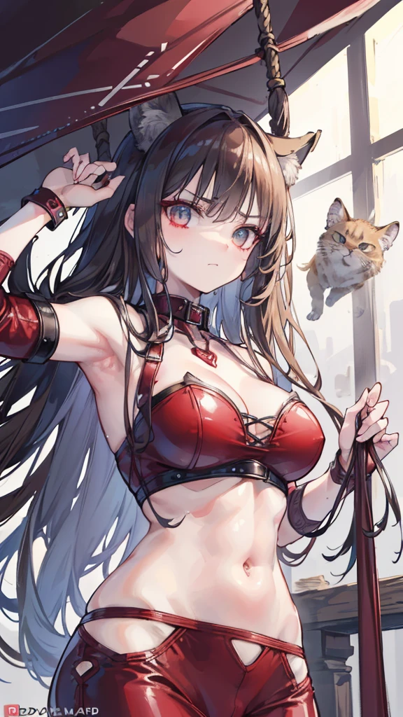 From below,Worried face,BDBobcat,,Upper Body,smooth,Red leather,Red corset,,collar,National Foundation,((best quality, 8K, masterpiece: 1.3)), Sharp focus: 1.2, (Layer cutting, Large target: 1.2),Beautiful Women in Perfect Shape: 1.4, Slim abdominal muscles: 1.2, Wet: 1.5, Highly detailed face and skin textures, Delicate eyes, Double eyelids, rope, Bobcat, Studs, Large target, Angry eyes, Sharp eyes, With a whip in his hand