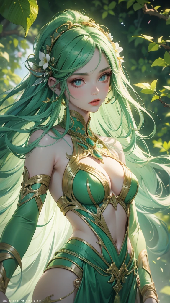 uma dryad, beautiful and sculptural toned body, rosto angelical, bold and vivid colors, beautiful lips, focused and ultra detailed eyes, uhd, clothing made of green leaves and vines with colorful flowers, 