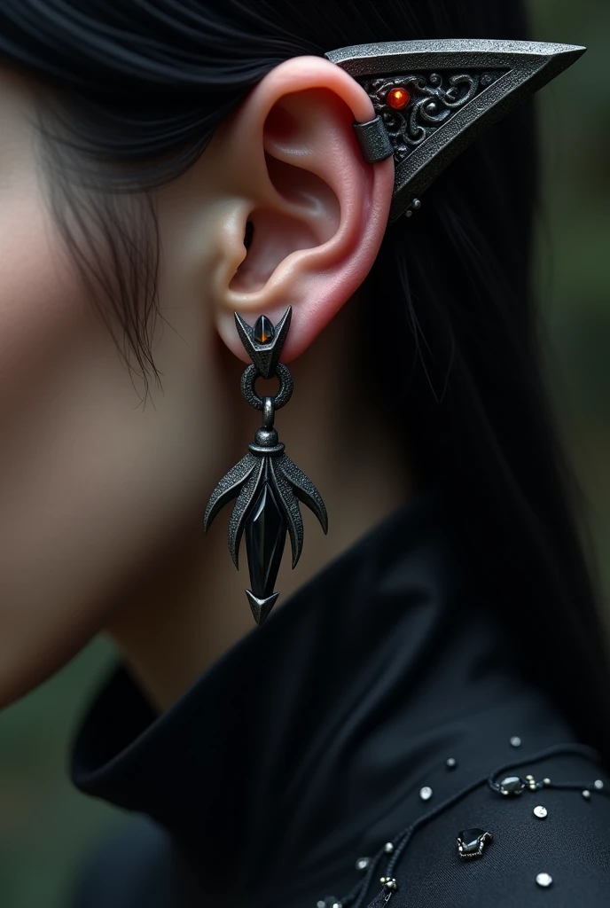 For a dark elf, ear jewelry reflects a dark and sophisticated aesthetic. Made of a dark silver alloy or black steel, the piece has an angular and geometric shape, with sharp lines and detailed edges that evoke a sense of mystery and power. It is adorned with small obsidian crystals or onyx stones., that absorb light instead of reflecting it, creating a subtle and enigmatic glow. The jewelry may feature details in black gold or aged silver., giving a subtle and elegant contrast. The piece follows the contour of the ear in a fluid way, but with a design that suggests an aura of authority and refinement, typical of dark elves.