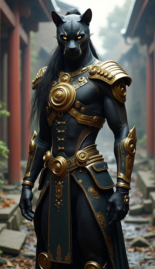 black panther samurai, with an armor full of golden gadgets, with long hair and a ponytail,