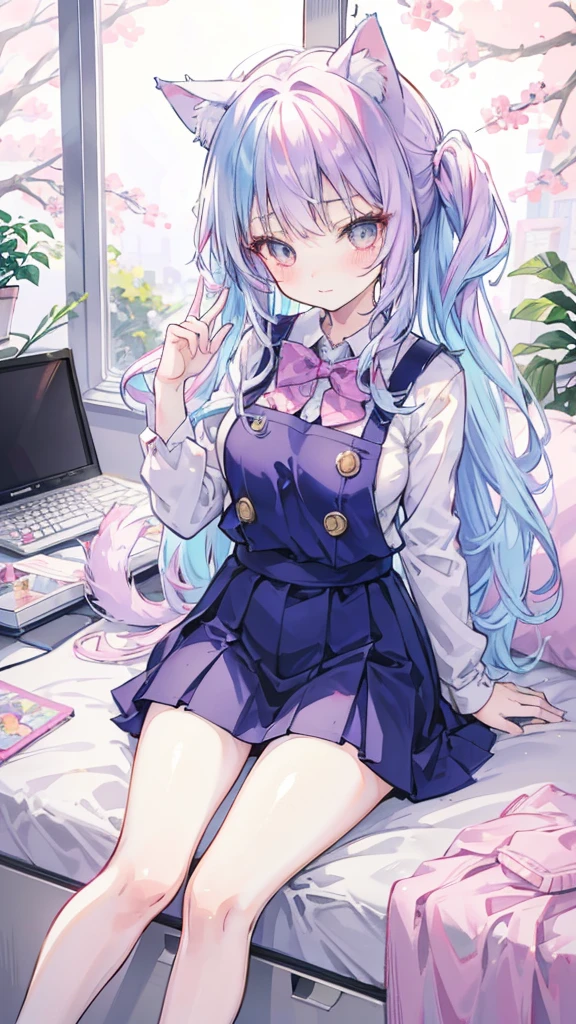 Colored hair and colored clothes in anime ((Cat ears 1girl)), Uniforms pastel vivid, rossdraws cartoon vivid, Anime style 4k, Beautiful animation portrait, Art germs are colorful!!!、! Dream Art Bud, Beautiful animation, Cat ears 1girl, Anime style digital art, Anime Art Wallpaper 4K, Anime Art Wallpaper 4K, Digital Animation Art, Highly detailed art germ, Uniforms, whole body, Sitting in her office, White hair, Front view, giggle,