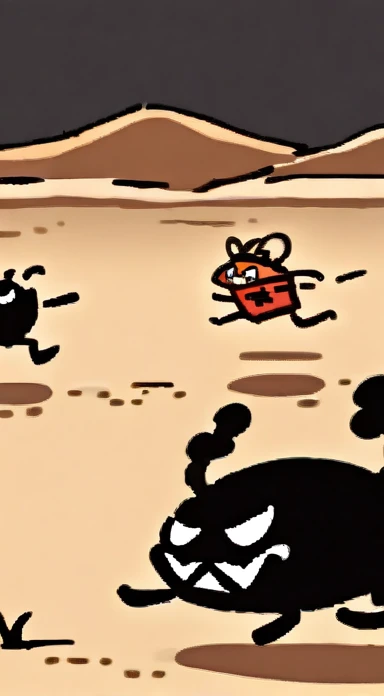 Badtz Maru Pooka Beetle, tangerine-orange eyes, sharp teeth, Deerstalker, collared shirt, short sleeves, Red Vest, white pants, cross, Black scar, Running, Desert, doodle, digital illustration