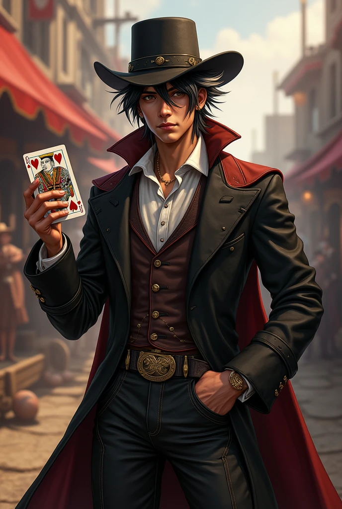 Hector Miller Fernandes Calangos III is a charismatic and adventurous bard with a captivating and unique appearance. He is a traveling musician and magician, wielding a magical deck of cards that grants him various powers tied to luck and randomness. His ultimate ability, the "Domain Expansion," allows him to greatly influence fortune in his favor. Hector's style is a blend of flamboyant circus flair and rugged western charm. He sports a long coat and a stylish hat, with his deck of cards always prominently displayed. His hair is a defining feature: styled in a slightly tousled, spiky manner similar to Anakin Skywalker's from Star Wars, with dramatic white streaks adding a striking contrast to his dark locks. This hairstyle accentuates his adventurous spirit and adds an element of intrigue. In his visual representation, Hector would be depicted exuding confidence and charisma, with his distinctive hair and adventurous outfit. The background might include elements of a circus or old-west setting, reflecting his colorful past and his ongoing mission to reunite with his estranged sister, Aurora, and confront the rival guild Tenebres, who have deeply affected his life.