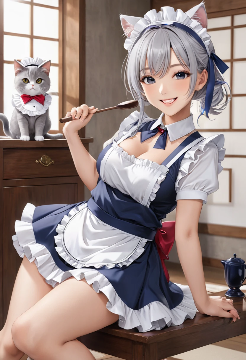 Japanese women、Age 25、Beautiful women are、Realistic Skin、Cute Face、smile、Silver Hair、Wavy Hair、Hair tied up、Proud Bust８８ｃｍ、、emphasize、Sexy maid outfit、Navy Blue Dress、Large white frilly headband、Apron with white ruffles、Engage your audience、Sexy pose、Spread your legs wide、Lift up your skirt with both hands、White bra、白いパンティーemphasize、Stand side by side in a room、Multiple maids、おっぱいemphasize、Cat ear、