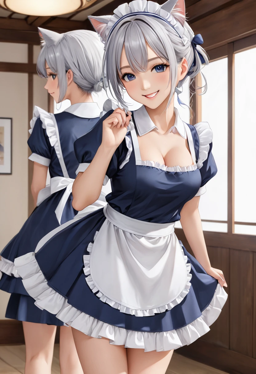 Japanese women、Age 25、Beautiful women are、Realistic Skin、Cute Face、smile、Silver Hair、Wavy Hair、Hair tied up、Proud Bust88cm、、emphasize、Sexy maid outfit、Navy Blue Dress、Large white frilly headband、Apron with white ruffles、Engage your audience、Sexy pose、Spread your legs wide、Lift up your skirt with both hands、White bra、白いパンティーemphasize、Stand side by side in a room、Multiple maids、おっぱいemphasize、Cat ear、