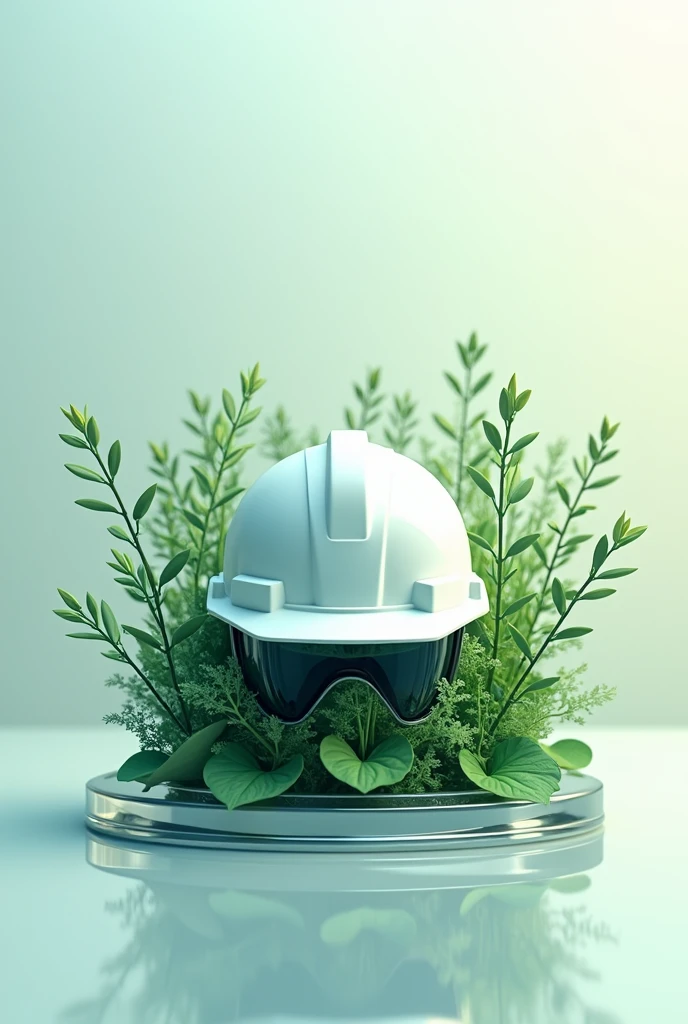 Make a simple engineer helmet logo with plant around it on a glass 