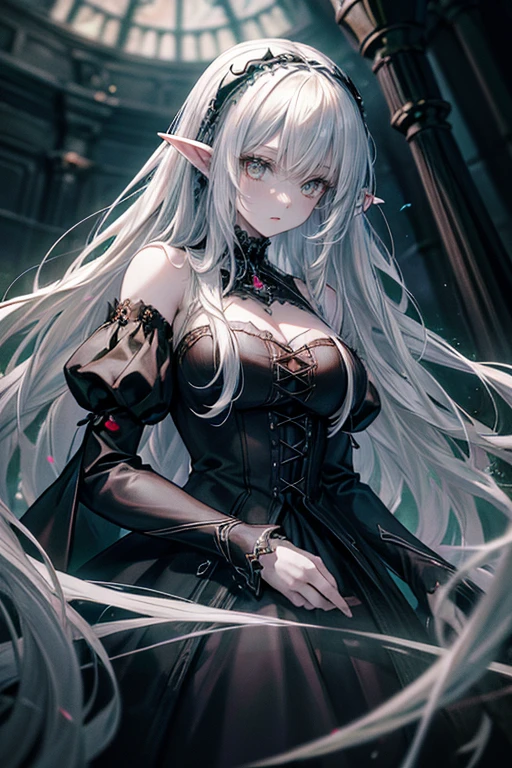 Insanely detailed photograph of a gorgeous vampire elf girl, Gothic Renaissance, Long, thick white hair, Complex white eyes, Amazing, vampire, Ethereal, Ultra Detailed, 32k resolution, Dynamic Lighting, Ultra Detailed, Complex details, Popular on artstation, Tricolor, Volumetric Lighting, Balenciaga style