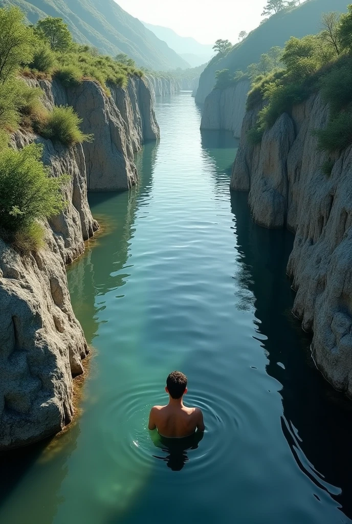 Both side rock in between water canal at the hill top. A man bathing.front side hilltop view like drone view