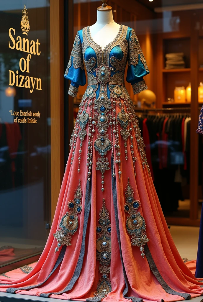 Arabic dress studded with ringing stones and beads on display in a clothing store, the name of the stores is written on the wall Sanat Dizayn to continue viewing the name,