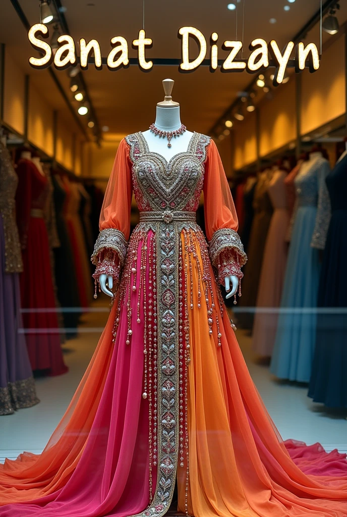 Arabic dress studded with ringing stones and beads on display in a clothing store, the name of the stores is written on the wall Sanat Dizayn to continue viewing the name,