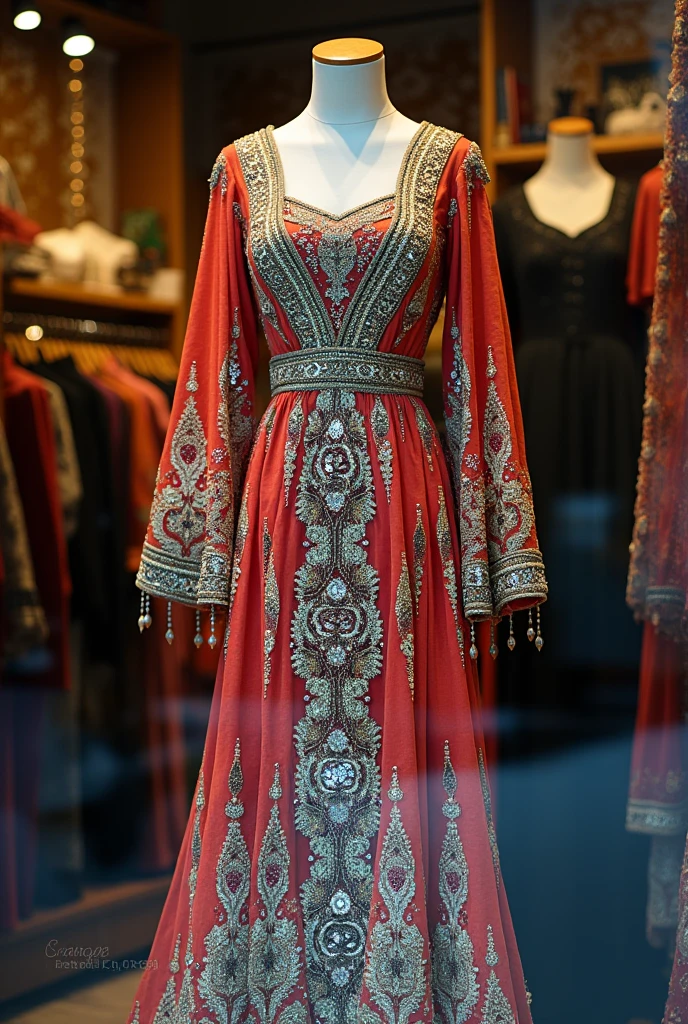 Arabic dress studded with ringing stones and beads on display in a clothing store, the name of the stores is written on the wall Sanat Dizayn to continue viewing the name,