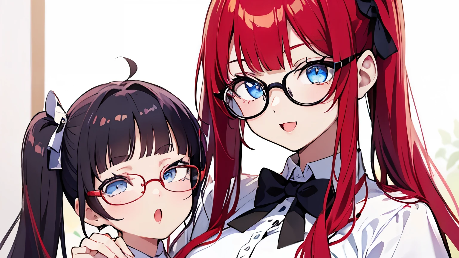 smile、Honey、Glasses、Bright Red Hair、Blue Eyes、Twin tails、Hair between the eyebrows、Straight Hair、blunt bangs、White shirt、White shirt、Black bow tie、Big Breasts、super fine illustration,(((beautiful fine hair))),(((beautiful fine face))),(((beautiful fine background))),
