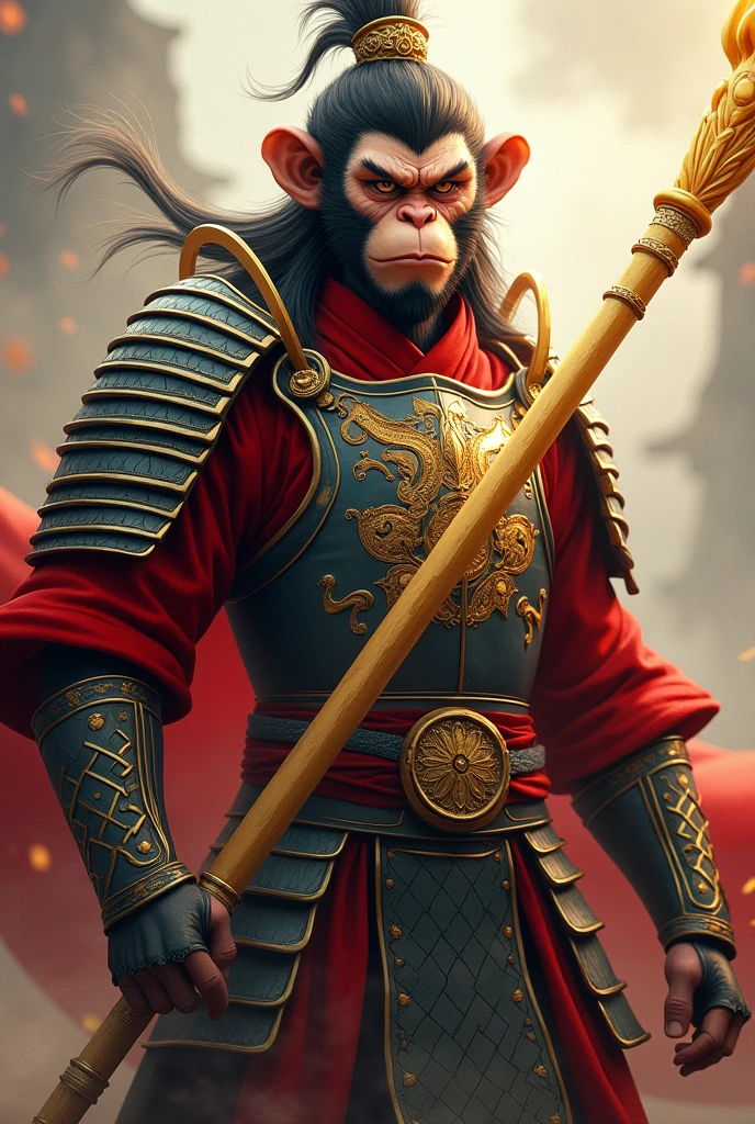 In the center of the image is Sun Wukong in samurai armor and his golden staff in one hand., while looking ahead with determination.