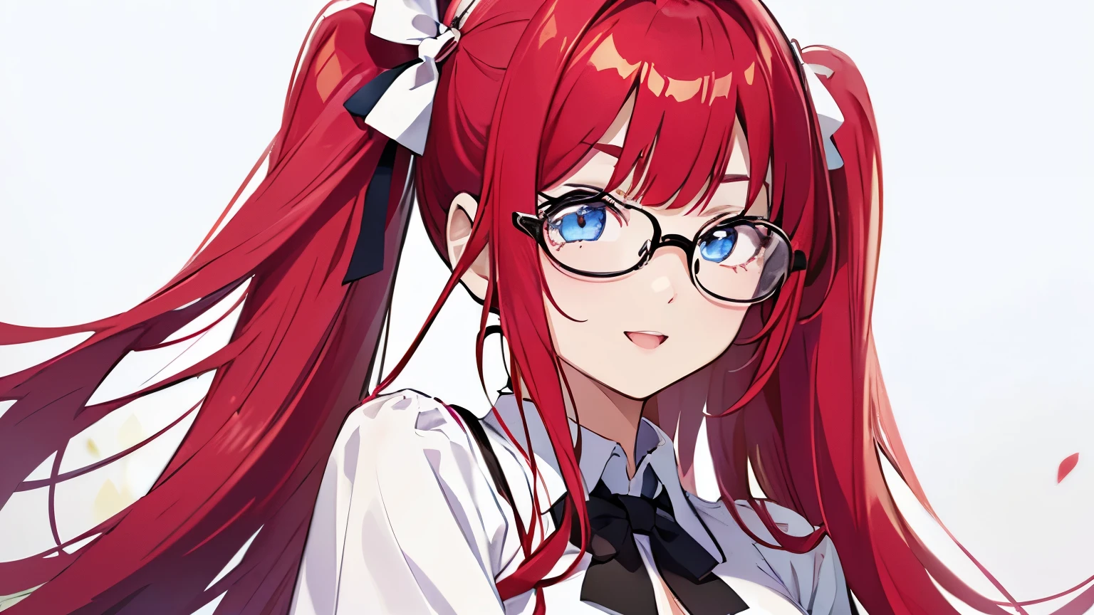 smile、Honey、Glasses、Bright Red Hair、Blue Eyes、Twin tails、Hair between the eyebrows、Straight Hair、blunt bangs、White shirt、White shirt、Black bow tie、Big Breasts、super fine illustration,(((beautiful fine hair))),(((beautiful fine face))),(((beautiful fine background))),