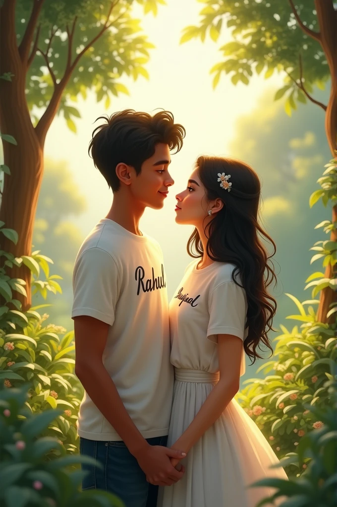 A 16 years little dark skin color boy wearing a t-shirt in which printed letter is "Rahul "
And boy is marriage with 16 years cute girl whose t-shirt is print with letter "Sanjana"at a centre of nature