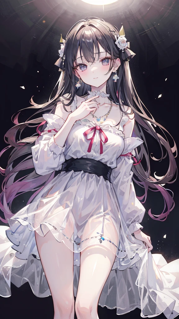 best quality, masterpiece, high resolution, 1 Girl, clear silk porcelain skirt, Pretty Face, Hair accessories, Looking at the audience, Smile, shut your mouth, Lips, skirt, Hair accessories, necklace, Jewelry, Long hair, earrings, Pretty Face, Physically, Tyndall Effect, realism, Dark Studio, Edge lighting, Two-color lighting, (High Detail Skin: 1.2), 8K UHD, Digital SLR Camera, Soft Light, high quality, Volumetric Lighting, photo, high resolution 4K, 8K, Blurred background