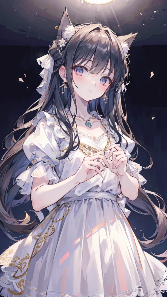 best quality, masterpiece, high resolution, 1 Girl, clear silk porcelain skirt, Pretty Face, Hair accessories, Looking at the audience, Smile, shut your mouth, Lips, skirt, Hair accessories, necklace, Jewelry, Long hair, earrings, Pretty Face, Physically, Tyndall Effect, realism, Dark Studio, Edge lighting, Two-color lighting, (High Detail Skin: 1.2), 8K UHD, Digital SLR Camera, Soft Light, high quality, Volumetric Lighting, photo, high resolution 4K, 8K, Blurred background