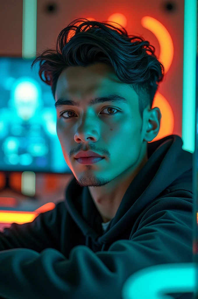 A 20 years old boy with dark light face with teal and orange light with Pc setup room background 