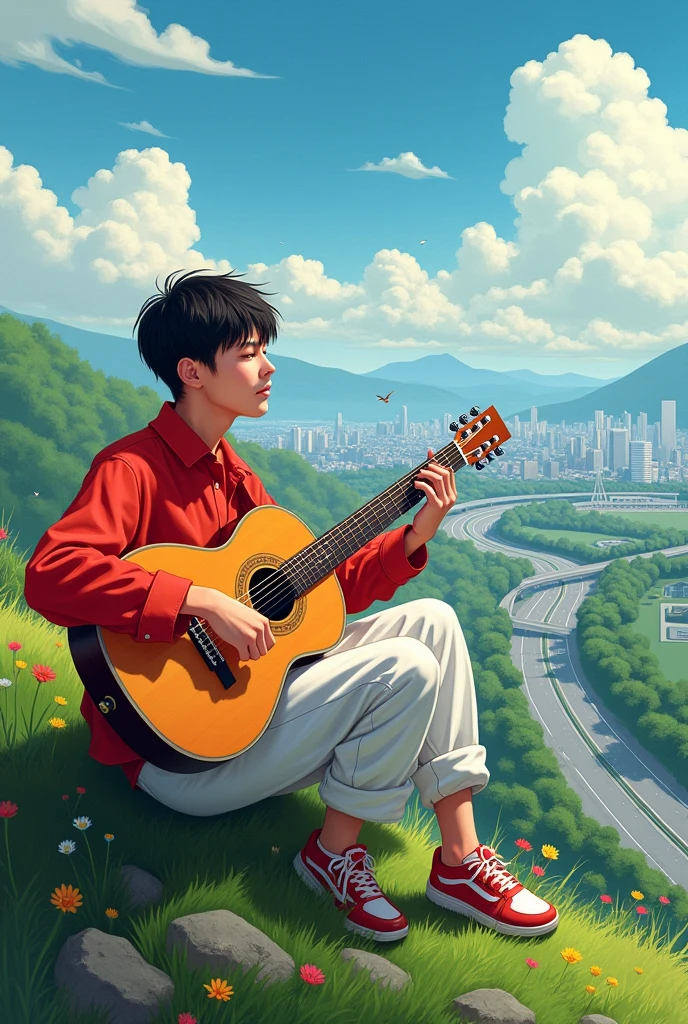 A 21 old  man singing a pop song playing guitar, seating on heights place looking under the city, green hill, highway , the small flowers around the boy, (boy upper were color is red and bottom were is white),( height details),(vivid)