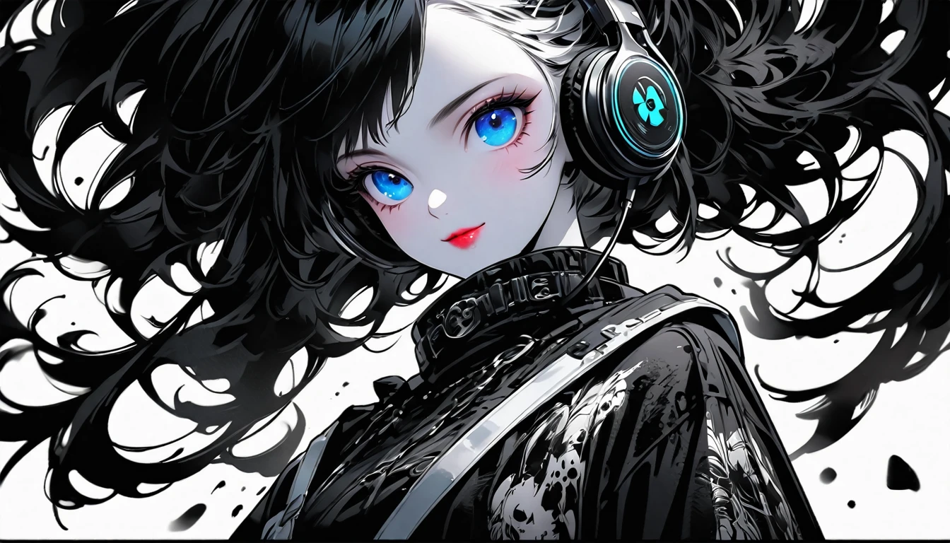 Create digital artworks in the pop art style、ink style drawing、Black ink on white paper、笑顔のGothic Fashionガール、Street fashion、Gothic Fashion、Intense black and white brushstrokes、delicate and dynamic、Upper Body、、drawing、shape、white and black ink、Thick ink lines、The pen strokes are very detailed and dynamic、Expressing shadows with precise lines、Lips are red、blue eyes、Shaggy Sheep、Extreme contrast、A kind smile、(Headphones)