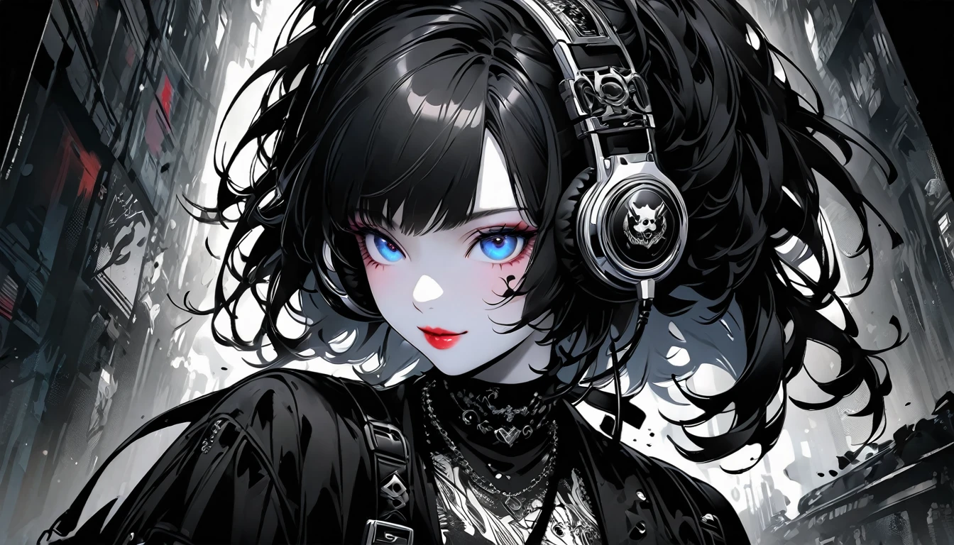 Create digital artworks in the pop art style、ink style drawing、Black ink on white paper、笑顔のGothic Fashionガール、Street fashion、Gothic Fashion、Intense black and white brushstrokes、delicate and dynamic、Upper Body、、drawing、shape、white and black ink、Thick ink lines、The pen strokes are very detailed and dynamic、Expressing shadows with precise lines、Lips are red、blue eyes、Shaggy Sheep、Extreme contrast、A kind smile、(Headphones)