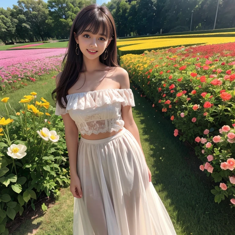 long skirt,in the flower field,Wear a dress,rotate,1 female, On the face, laughing out loud, light brown hair, blunt bangs, hair behind ears, Shoulder-length hair, long hair, Slender body type, 超face slimming型, face slimming, delicate lips, beautiful eyes, Thin blush, Eyes are light brown,View here, (actual:1.3), One person's perspective, 8k, Super detailed, high quality, best quality, High resolution, ,Large Breasts,wear a H cup, 2,Off-shoulder tops,Lace top,puffy skirt