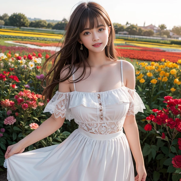 long skirt,in the flower field，Wear a dress，rotate，1 female, On the face, laughing out loud, light brown hair, blunt bangs, hair behind ears, Shoulder-length hair, long hair, Slender body type, 超face slimming型, face slimming, delicate lips, beautiful eyes, Thin blush, Eyes are light brown,View here, (actual:1.3), One person's perspective, 8k, Super detailed, high quality, best quality, High resolution, ，Large Breasts，wear a H cup, 2,Off-shoulder tops，Lace top，puffy skirt