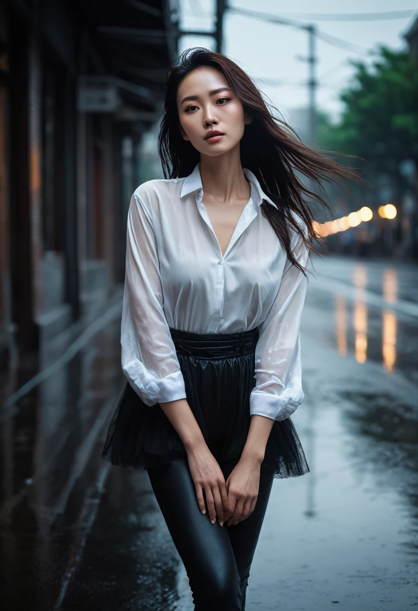 waist-length hair 30yo korean woman at a rainy road city, (waist-length hair:1.8), looking a viewer wearing white unbutton shirt. Giant breast, bare foot. wet skin. realistic skin style, detailed skin pore. Black dark very Long messy slick back stylish hair, poreless skin and natural makeup, long dark hair in a messy yet stylish way. A dimly lit background, moody rainy day, vignetted, Dramatic natural ambience light, cinematic lighting, strong backlighting and rim lighting, creating a sense of depth and atmosphere, with bokeh highlights and film grain adding texture. Color scheme: A muted, desaturated color palette with deep shadows and warm highlights, evoking a sense of nostalgia and melancholy. Atmosphere: An air of mystery and intrigue, with a hint of tension and anticipation. Actions: The woman is captured mid-movement, her body contorted in an elegant yet powerful ballet pose, her muscles taut and her expression intense. Objects: A few scattered props, such as a worn ballet barre or a discarded pair of pointe shoes, adding to the sense of authenticity and history.