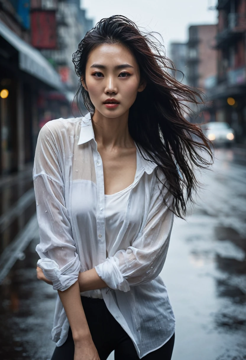 waist-length hair 30yo korean woman at a rainy road city, (waist-length hair:1.8), looking a viewer wearing white unbutton shirt. Giant breast, bare foot. wet skin. realistic skin style, detailed skin pore. Black dark very Long messy slick back stylish hair, poreless skin and natural makeup, long dark hair in a messy yet stylish way. A dimly lit background, moody rainy day, vignetted, Dramatic natural ambience light, cinematic lighting, strong backlighting and rim lighting, creating a sense of depth and atmosphere, with bokeh highlights and film grain adding texture. Color scheme: A muted, desaturated color palette with deep shadows and warm highlights, evoking a sense of nostalgia and melancholy. Atmosphere: An air of mystery and intrigue, with a hint of tension and anticipation. Actions: The woman is captured mid-movement, her body contorted in an elegant yet powerful ballet pose, her muscles taut and her expression intense. Objects: A few scattered props, such as a worn ballet barre or a discarded pair of pointe shoes, adding to the sense of authenticity and history.