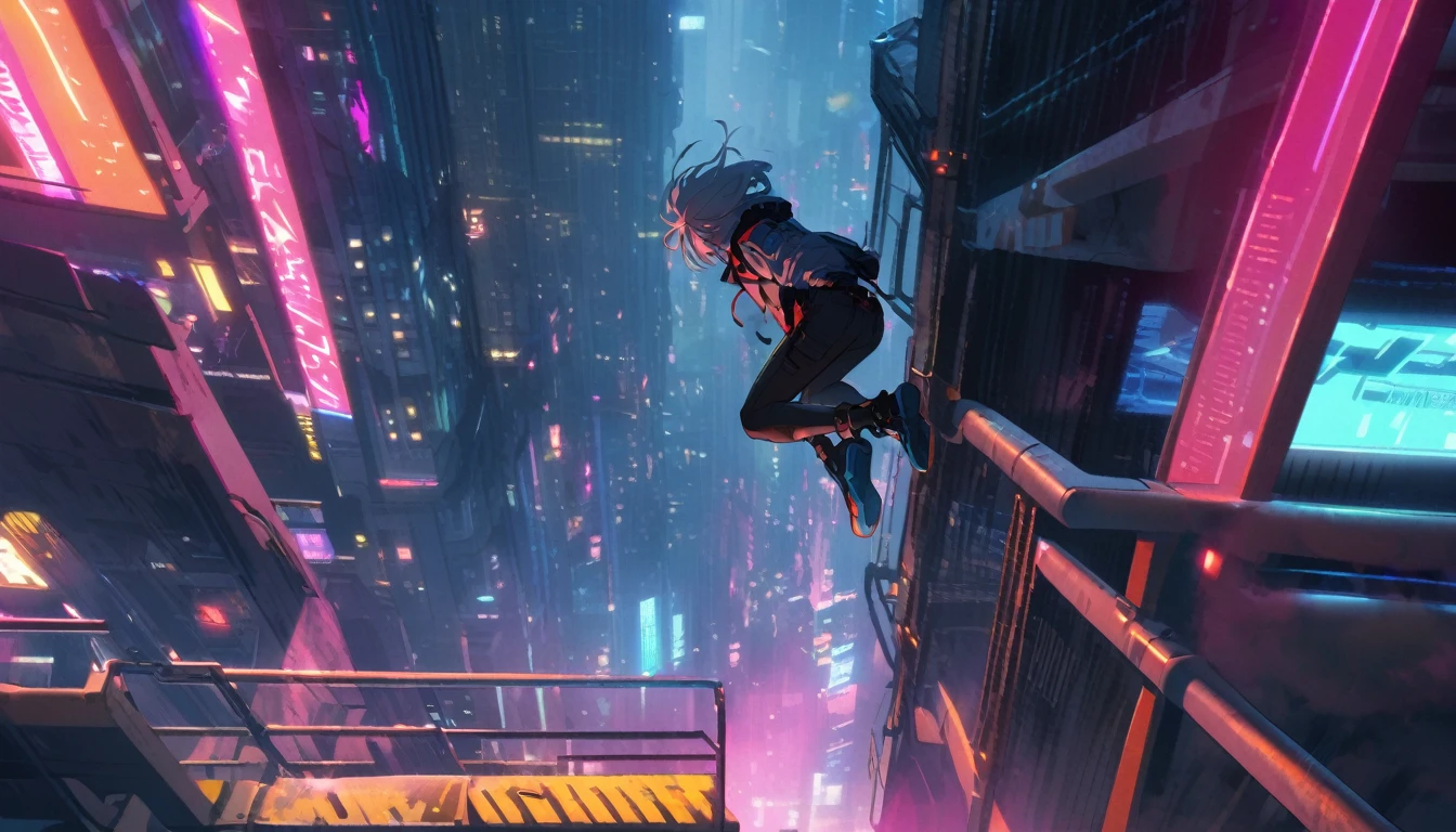 cyberpunk street,smoke surround,Jump down from a height