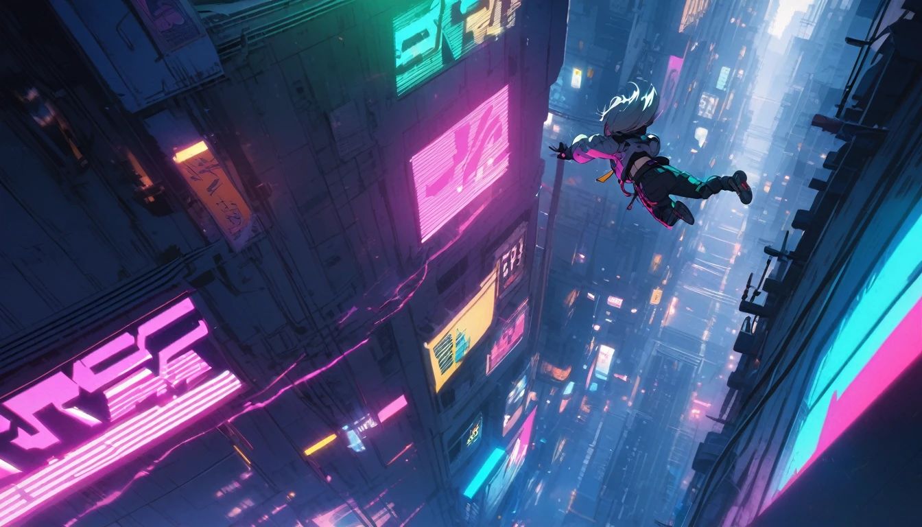 cyberpunk street,smoke surround,Jump down from a height