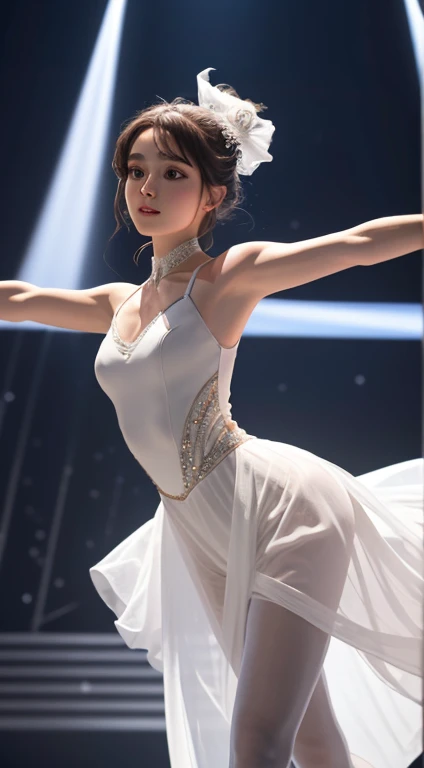 Adorable android woman, Apparently mechanical arms and legs, A shimmering, sheer white gown, Backlit eyes) Performing ballet with wide-ranging movements, Spotlight, Center Stage