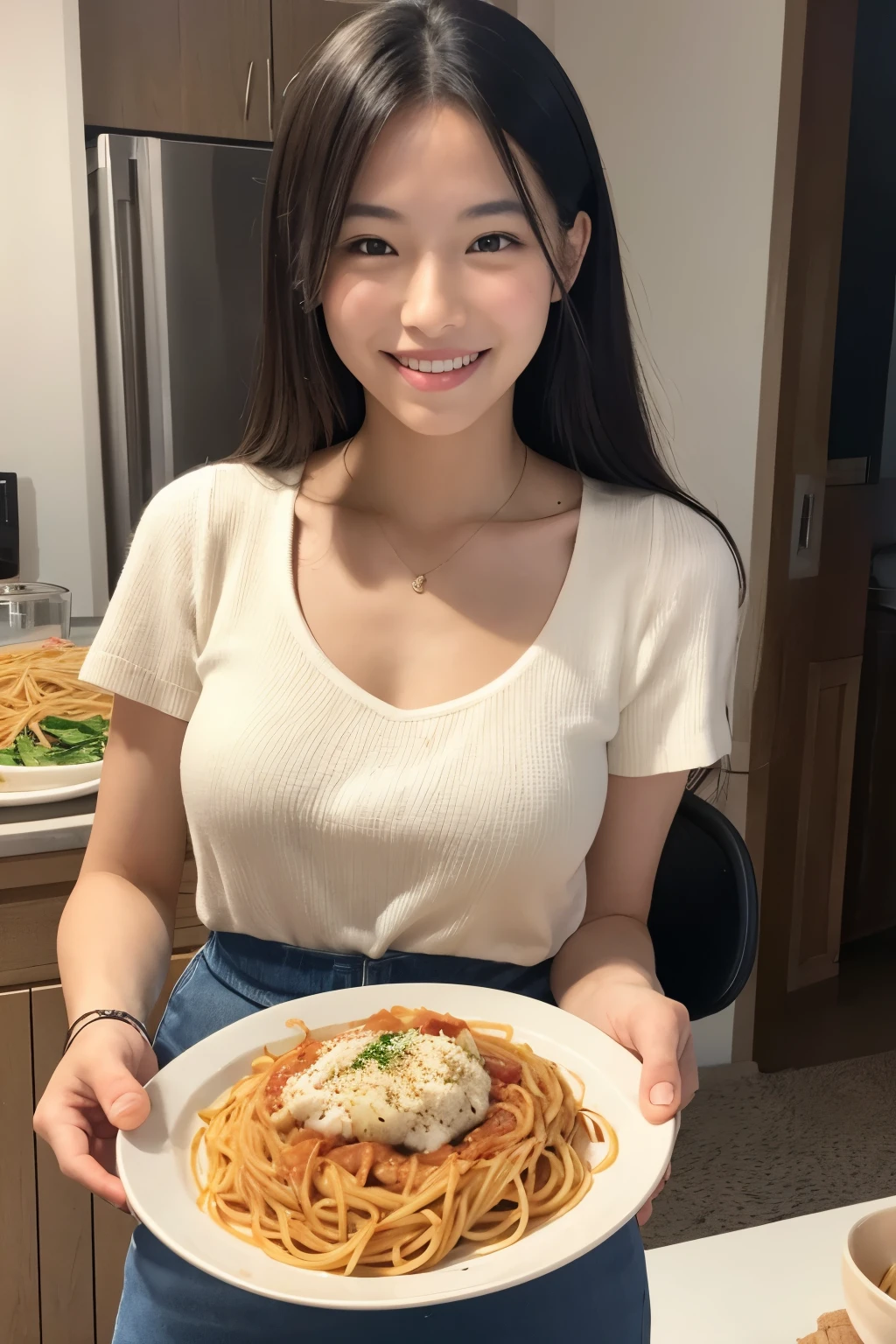 Smiling, holding a plate of spaghetti in one hand