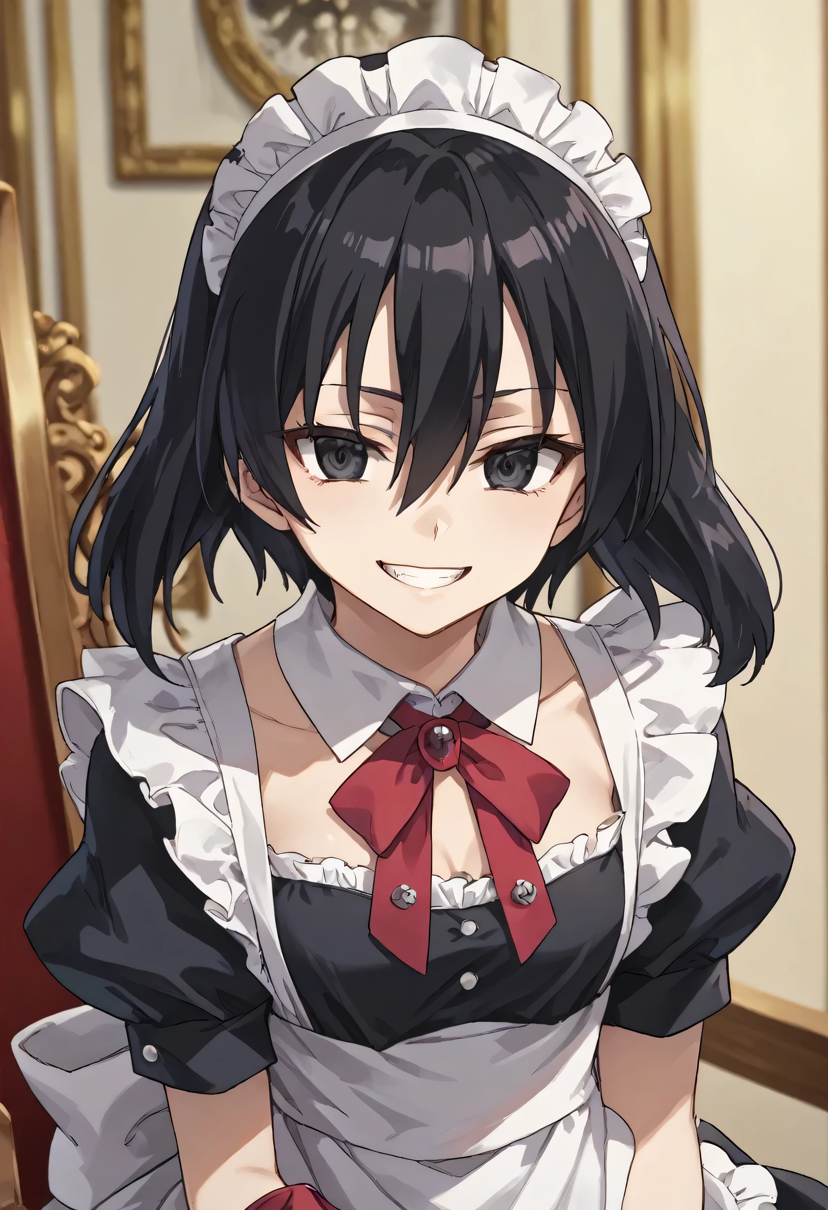 kurome, short hair, black hair, black eyes, hair between eyes, maid headdress,maid outfit, ribbon, evil smile, grin, light smile
