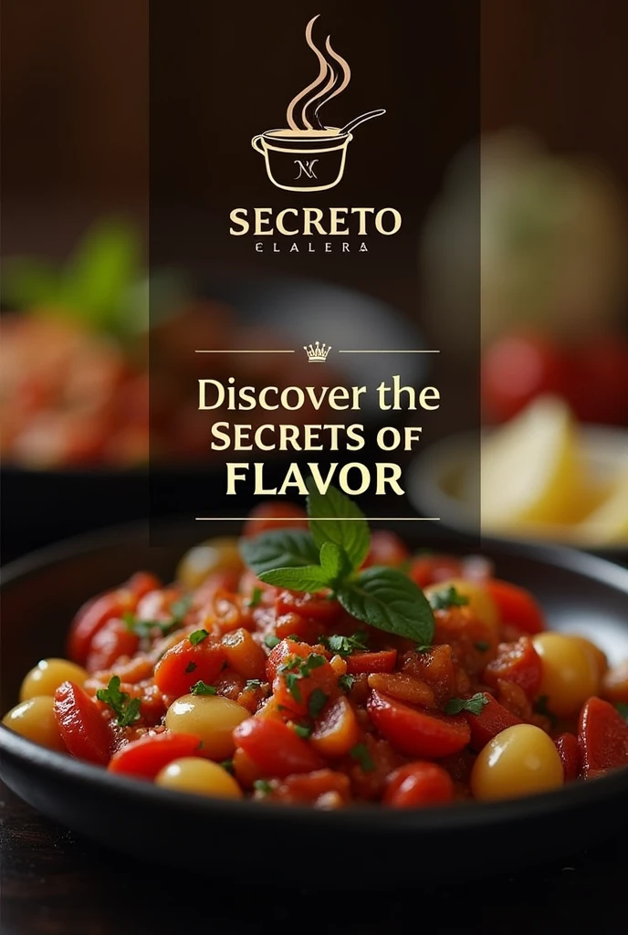Design a Facebook cover image for a culinary page named 'Sabor Secreto.' The cover should feature a rich, warm color palette with images of gourmet dishes in the background, slightly blurred to keep the focus on the text. Include a subtle overlay of abstract cooking utensils or ingredients like spices, herbs, or a simmering pot. The text should read 'Discover the secrets of flavor' in an elegant, easy-to-read font, with the logo subtly incorporated in the corner. The overall vibe should be inviting and mysterious, hinting at exclusive culinary secrets