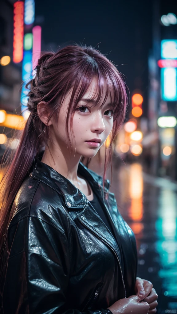 8k, RAW Photos, Highest quality, masterpiece:1.2),(Realistic, photo-Realistic:1.37),Tokyo Street,night, rain, Wet,Cityscape,night, Cyberpunk City,Soft Light,One person,, Very beautiful face,bust,Put your hands down,Random Hairstyles,Random hair color,Random representation,Pigsney