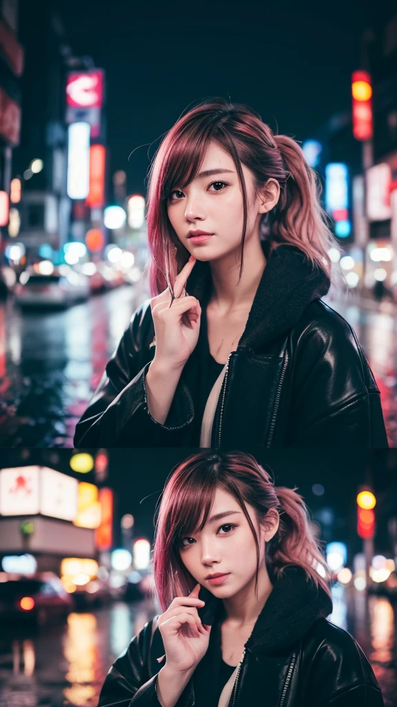 8k, RAW Photos, Highest quality, masterpiece:1.2),(Realistic, photo-Realistic:1.37),Tokyo Street,night, rain, Wet,Cityscape,night, Cyberpunk City,Soft Light,One person,, Very beautiful face,bust,Put your hands down,Random Hairstyles,Random hair color,Random representation,Pigsney