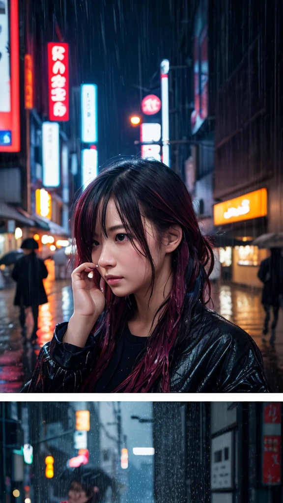 8k, RAW Photos, Highest quality, masterpiece:1.2),(Realistic, photo-Realistic:1.37),Tokyo Street,night, rain, Wet,Cityscape,night, Cyberpunk City,Soft Light,One person,, Very beautiful face,bust,Put your hands down,Random Hairstyles,Random hair color,Random representation,Pigsney
