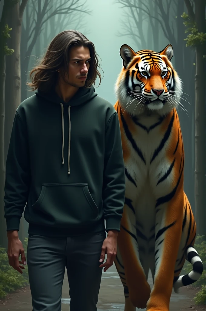 Make a picture of a long-haired man wearing a hoodie accompanied by a tiger human figure. 