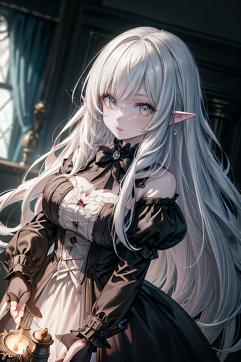 Insanely detailed photograph of a gorgeous vampire elf girl, Gothic Renaissance, Long, thick white hair, Complex white eyes, Amazing, vampire, Ethereal, Ultra Detailed, 32k resolution, Dynamic Lighting, Ultra Detailed, Complex details, Popular on artstation, Tricolor, Volumetric Lighting, Balenciaga style