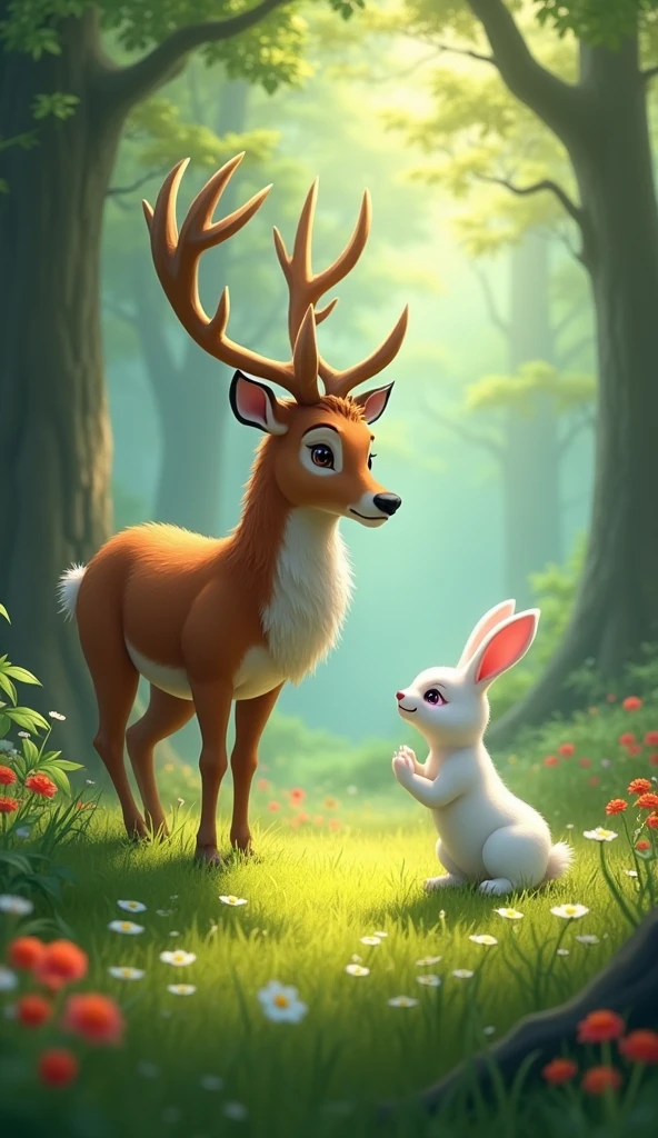 draw a picture of a wise deer meeting a white rabbit in a meadow in the middle of the forest