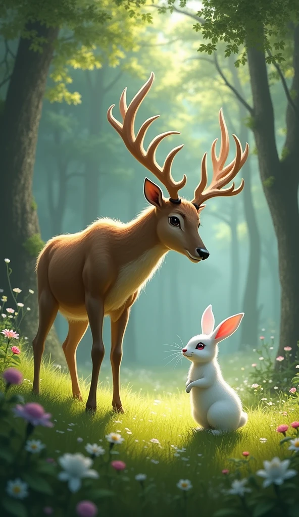 draw a picture of a wise deer meeting a white rabbit in a meadow in the middle of the forest