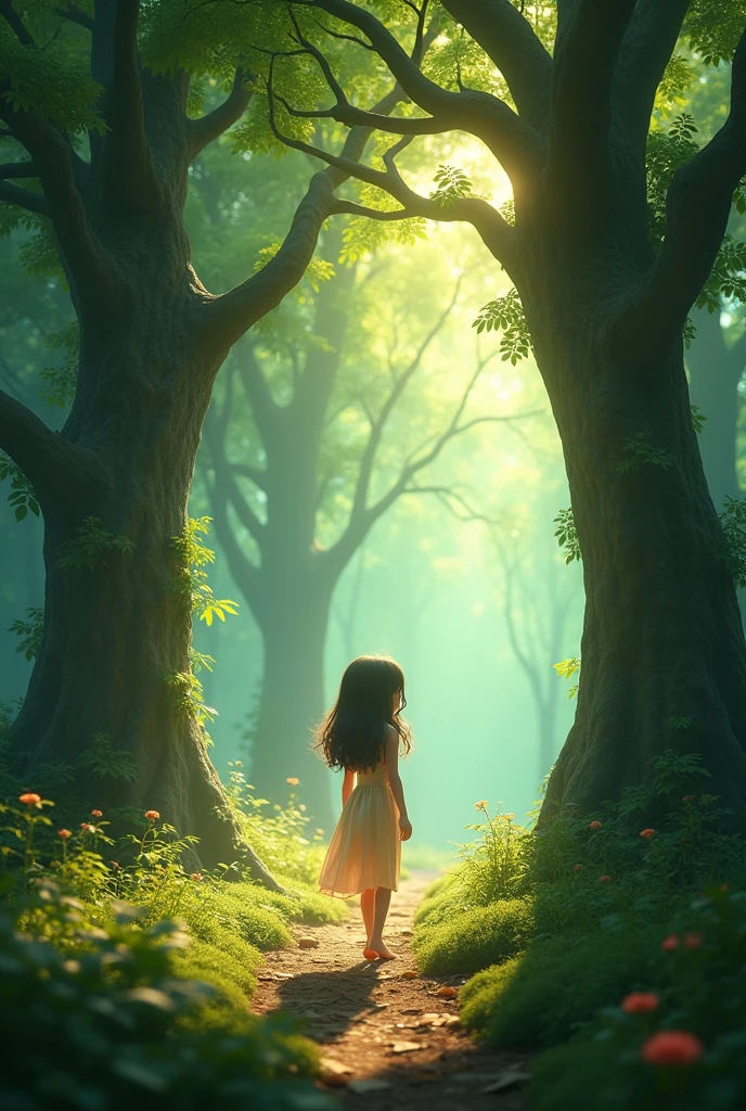 A young girl stepping out of the magical forest, with trees appearing to whisper and glow as she leaves."Hyper-realistic, 8k,ultra HD, pixar style, Disney style, cinima 4d, ar 3:2
