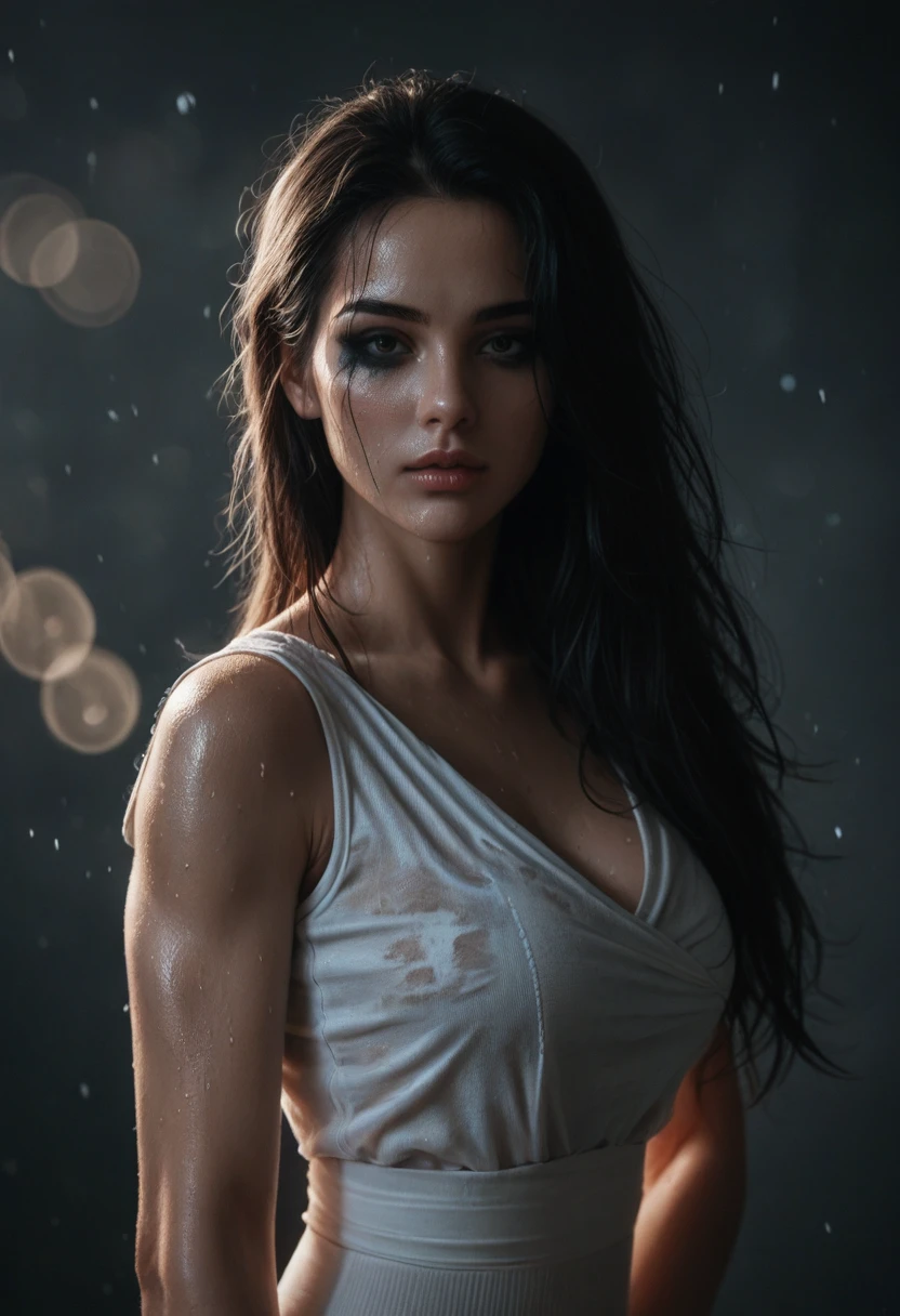 waist-length hair 30yo korean woman at a rainy road city, (waist-length hair:1.8), looking a viewer wearing white unbutton shirt. Giant breast, bare foot. wet skin. realistic skin style, detailed skin pore. Black dark very Long messy slick back stylish hair, poreless skin and natural makeup, long dark hair in a messy yet stylish way. A dimly lit background, moody rainy day, vignetted, Dramatic natural ambience light, cinematic lighting, strong backlighting and rim lighting, creating a sense of depth and atmosphere, with bokeh highlights and film grain adding texture. Color scheme: A muted, desaturated color palette with deep shadows and warm highlights, evoking a sense of nostalgia and melancholy. Atmosphere: An air of mystery and intrigue, with a hint of tension and anticipation. Actions: The woman is captured mid-movement, her body contorted in an elegant yet powerful ballet pose, her muscles taut and her expression intense. Objects: A few scattered props, such as a worn ballet barre or a discarded pair of pointe shoes, adding to the sense of authenticity and history.