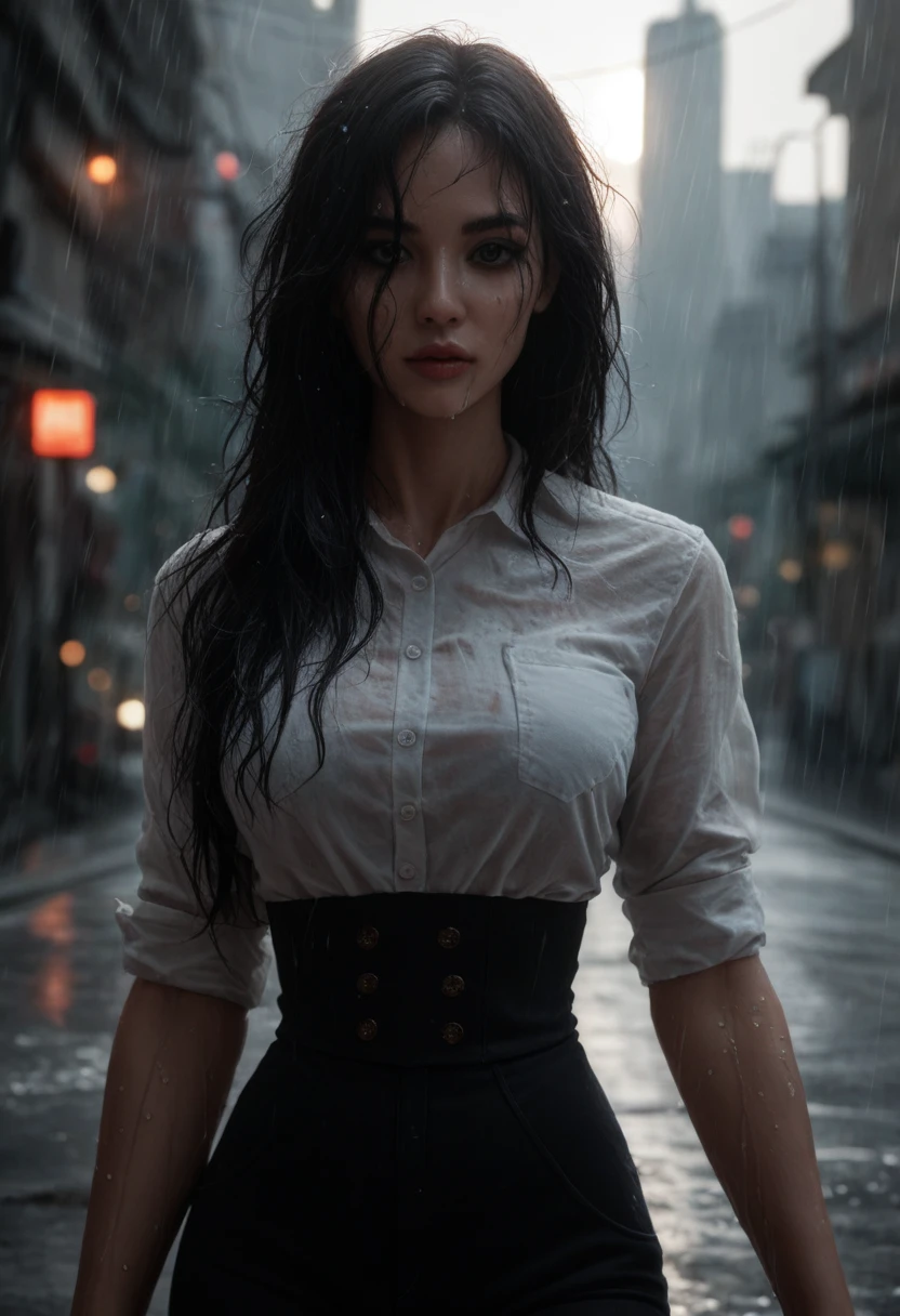 waist-length hair 30yo korean woman at a rainy road city, (waist-length hair:1.8), looking a viewer wearing white unbutton shirt. Giant breast, bare foot. wet skin. realistic skin style, detailed skin pore. Black dark very Long messy slick back stylish hair, poreless skin and natural makeup, long dark hair in a messy yet stylish way. A dimly lit background, moody rainy day, vignetted, Dramatic natural ambience light, cinematic lighting, strong backlighting and rim lighting, creating a sense of depth and atmosphere, with bokeh highlights and film grain adding texture. Color scheme: A muted, desaturated color palette with deep shadows and warm highlights, evoking a sense of nostalgia and melancholy. Atmosphere: An air of mystery and intrigue, with a hint of tension and anticipation. Actions: The woman is captured mid-movement, her body contorted in an elegant yet powerful ballet pose, her muscles taut and her expression intense. Objects: A few scattered props, such as a worn ballet barre or a discarded pair of pointe shoes, adding to the sense of authenticity and history.